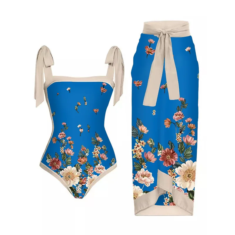 

2025 new Langqi mesh two-piece one-piece French swimsuit digital printing hip-wrapped long skirt swimsuit women