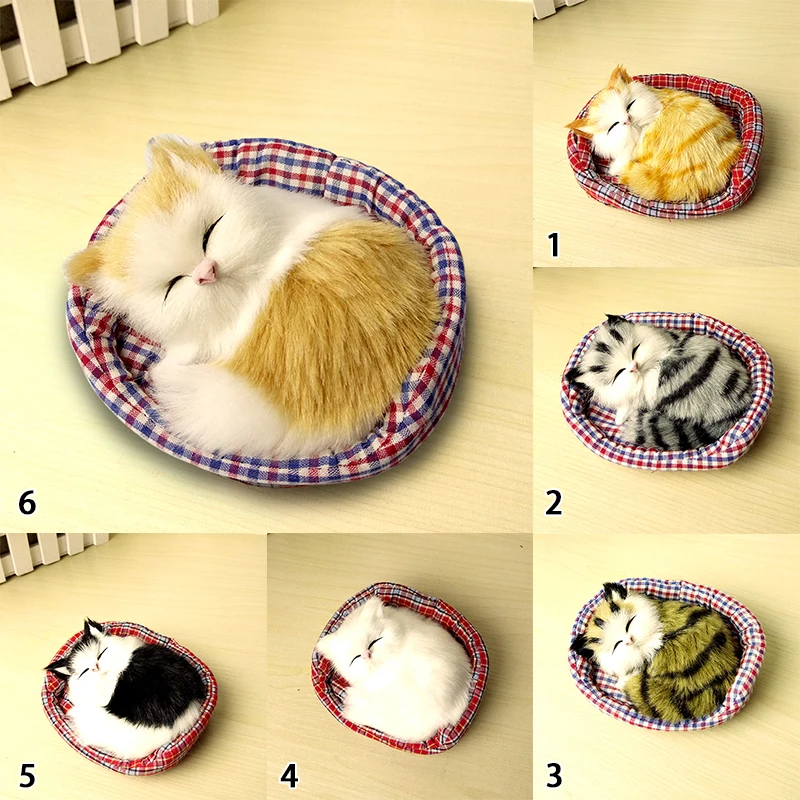 Mini Sleeping Cats On Cushion Sound Simulation Cat Doll Ornaments Cloth Plush Cats For Children Car Home Decor Birthday Gifts