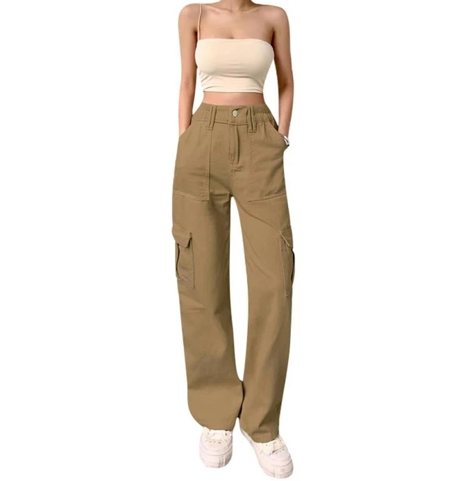 

Women's Pants Casual Solid Color Straight Leg Jeans High Waist and Multiple Pockets Cargo Pants Streetwear Trendsetters Trouser