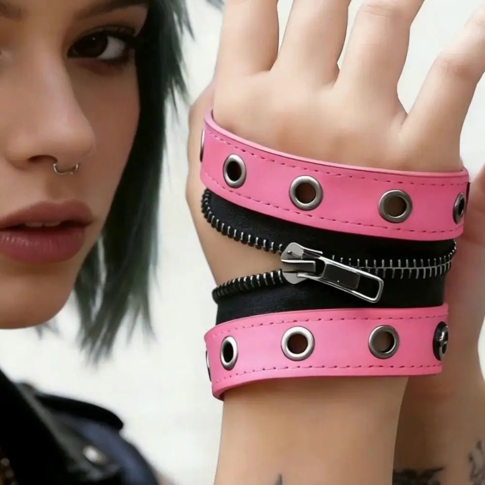 New Leather Leather Wristband Zipper Detail Wide Band Rivet Bracelet Snap Closure Adjustable Fit Gothic Bracelet