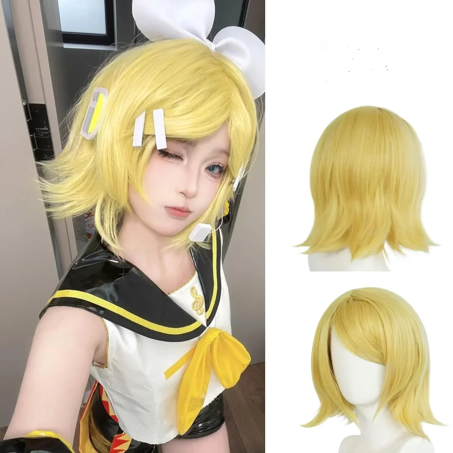 Peruca sintética ondulada curta com Franja para mulheres, perucas louras, altura do ombro, amarelo, cosplay, Halloween