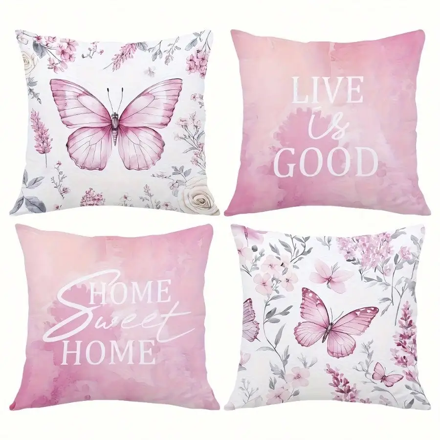 4pcs Retro floral butterfly Single-sided printing Short plush Suitable for living rooms bedrooms sofas (excluding pillow cores)