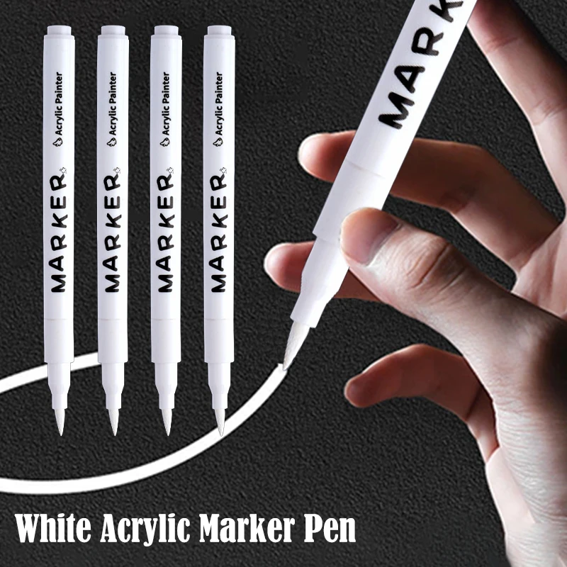 White Marker Pens Acrylic Paint Pen with Fiber Soft Head Waterproof Acrylic Marker Student-Specific Quick-Drying Painting Brush