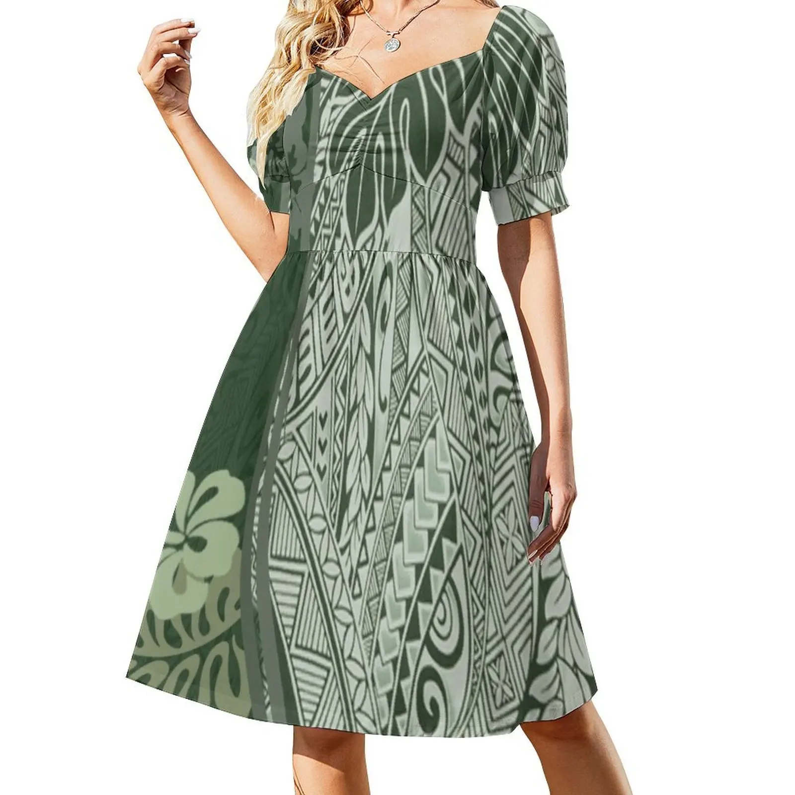 فستان هاواي الأخضر الاستوائي طباعة تابا مثير لقضاء العطلات للنساء على الشاطئ وحفلات أعياد الميلاد فستان قصير هاواي هاواي الاستوائية