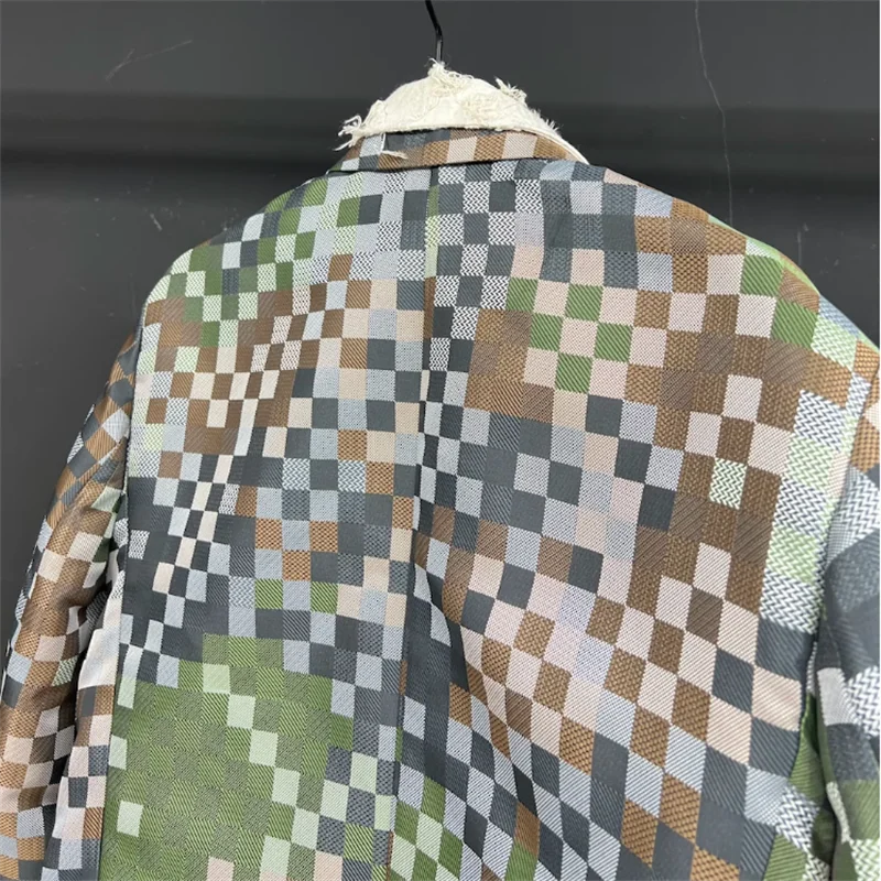 Terno xadrez verde do exército para homens, roupa masculina personalizada, cor real de contraste 2, casaco solto sênior, novo, 2024