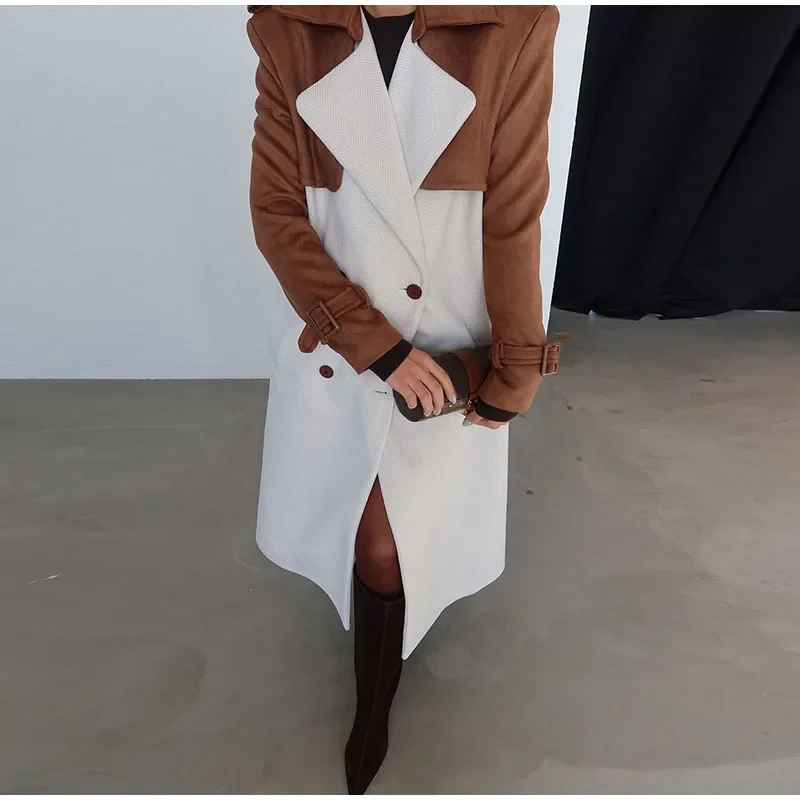 Lange Wollmäntel mit Paneelen und Gürtel, Damen, Streetstyle, Revers, lange Ärmel, Knopfleiste, lockere Jacken, Herbst, schick, neue warme Oberbekleidung – Detail 12