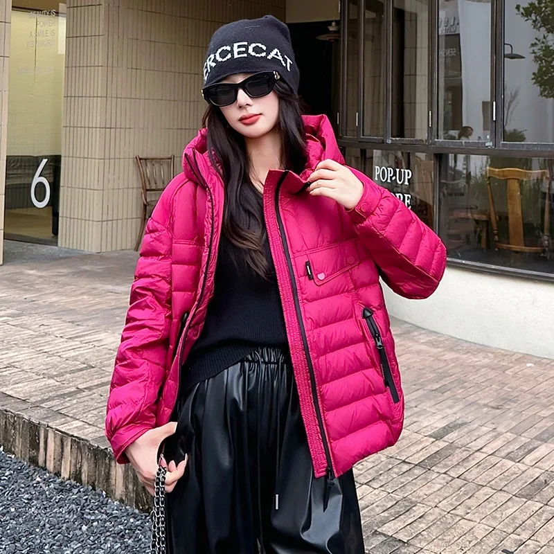 Winter Lightweight Hooded Warm Down Jacket Female Solid Zipper Pocket Jacket Women White Duck Down Waterproof Parker Outwears
