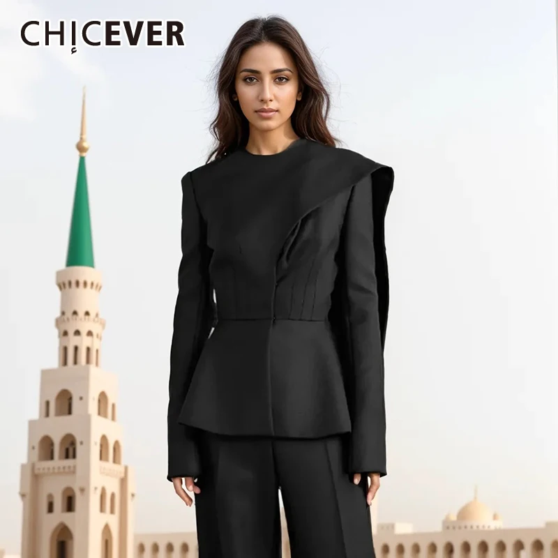 CHICEVER Solid  Asymmetrical Elegant Tunic Blazers For Women Round Neck Long Sleeve Temperament Slimming Blazer Female Clothes