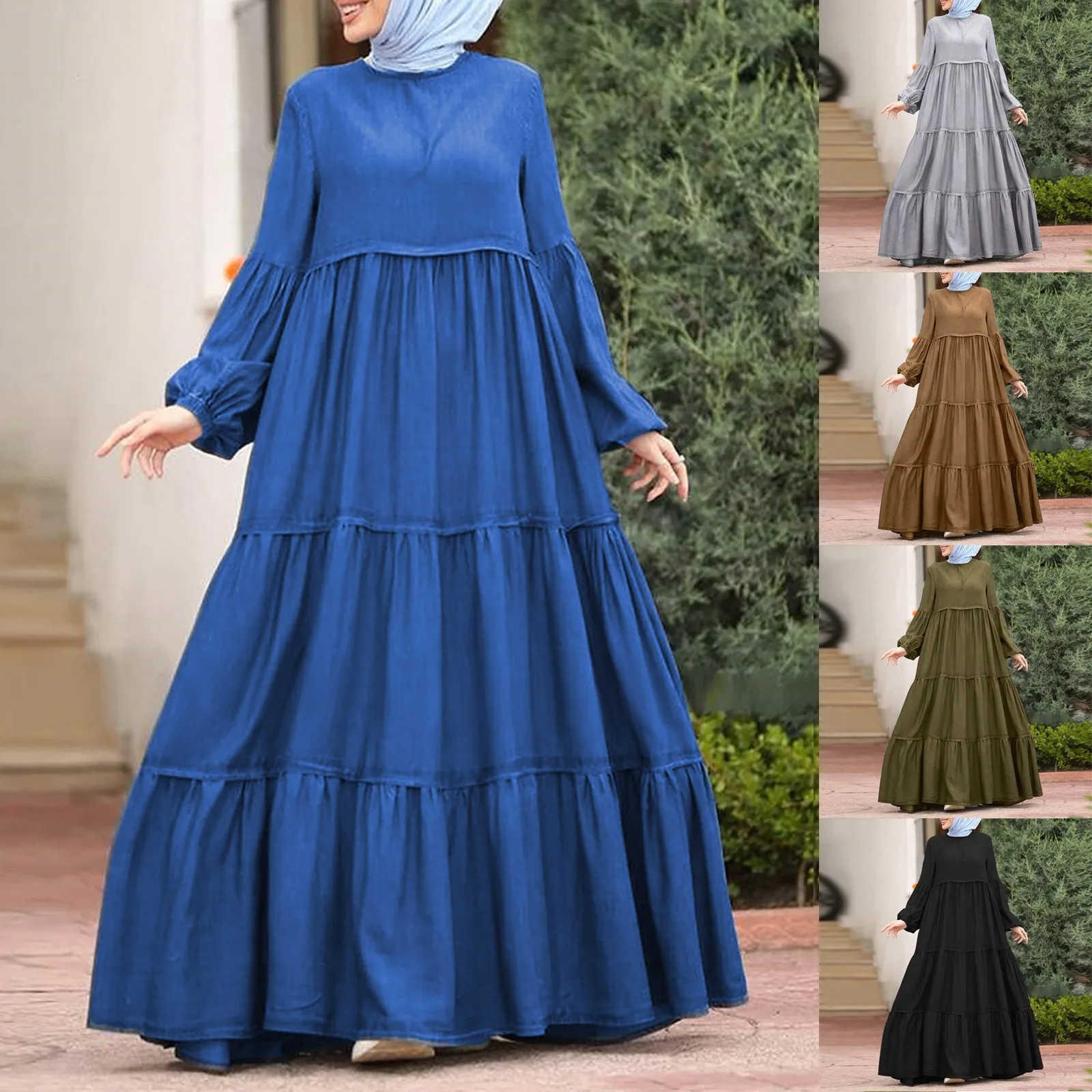 Women\'s Spring Sundress Fashoin Muslim Ruffle Dress 2024 Casual Patchwork Puff Sleeve Maxi Vestidos Female Button Robe