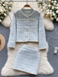 Short Pearl Button Tweed Coat Dress Outfits Women Winter Clothes Hip Mini Plaid Skirts Two Piece Sets Fashion Jacket Suit