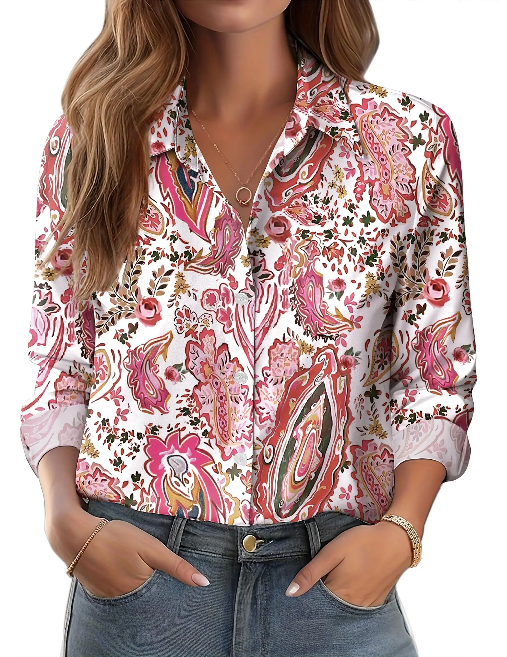 

Ladies Elegant Floral Leaf Shirt Print Fashion Women Long Sleeve Shirt Simple Casual Work Tops