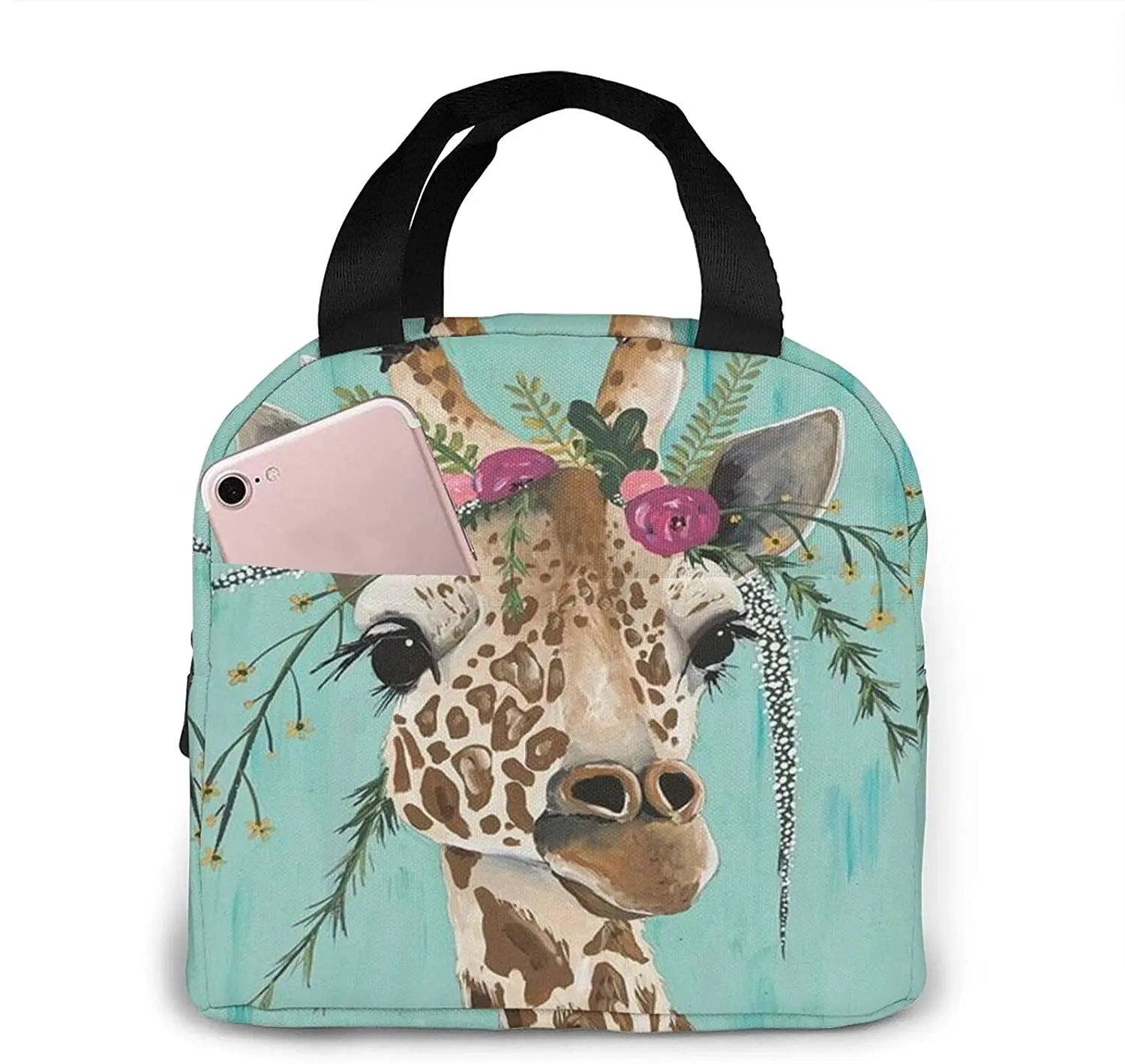 Giraffe With Floral Headpiece Lunch Box Reusable Insulated Lunch Bag Cooler Tote Box With Front Pocket Zipper Closure Women Men