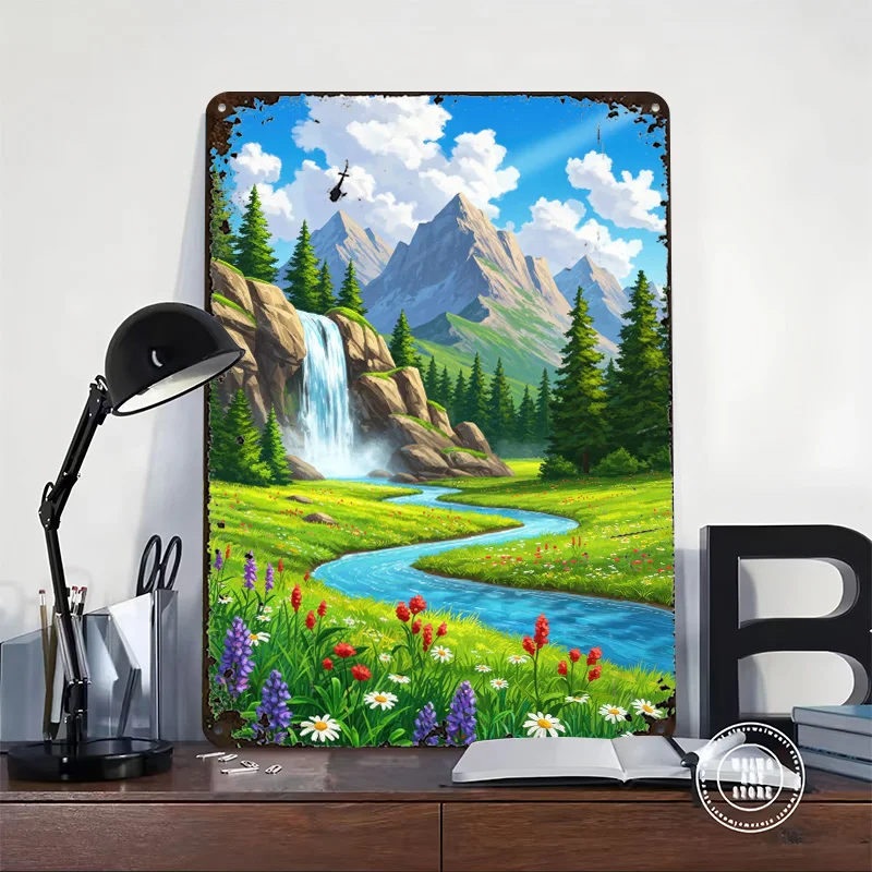 Lush Mountain Landscape With Waterfall 3D Printed Texture Poster Personalized Wall Art Retro Metal Tin Signs for Room Decor Men