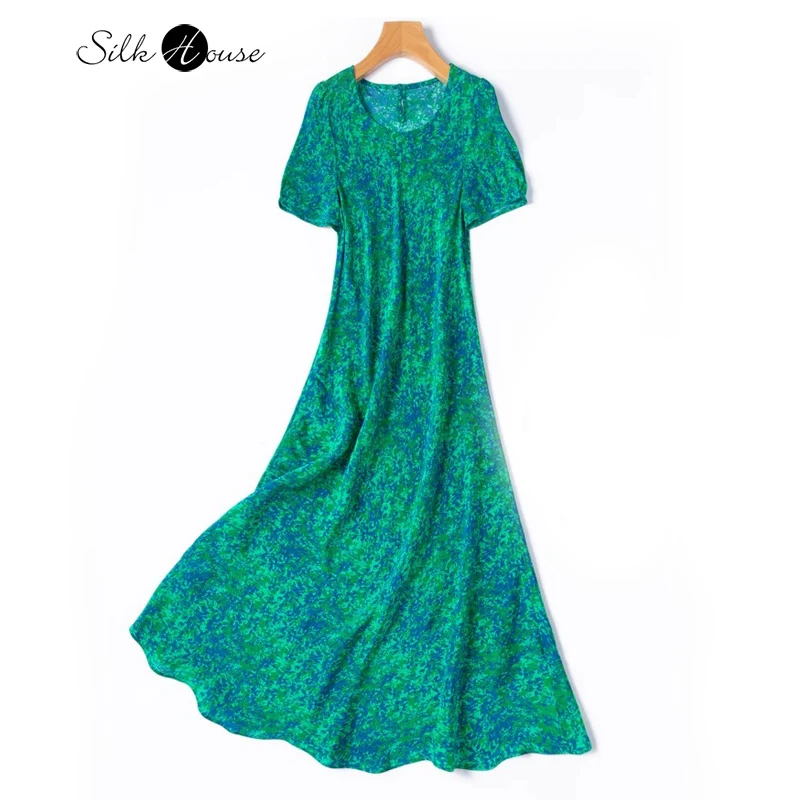 

Oblique Cut 1.25-meter Length 100% Natural Mulberry Silk Crepe De Chine Women's Printed Round Neck Short Sleeved Fishtail Dress