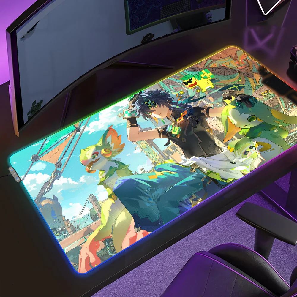 

Game Genshin Impact Kinich Mouse Pad Gaming MousePad LED Table Pads Micro USB Backlit Rubber RGB Desk Mats Desktop XXL