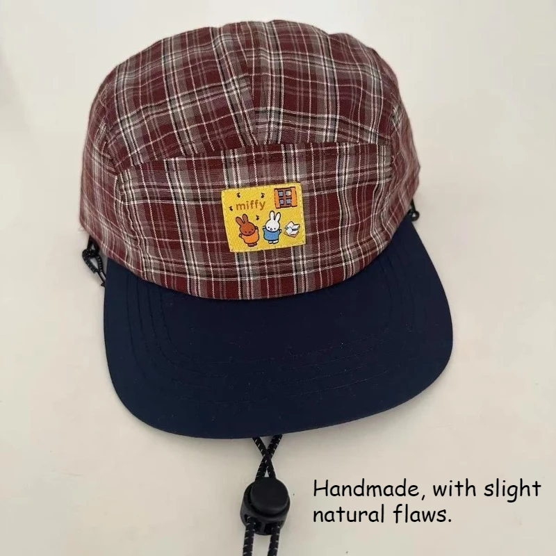 

New Kawaii Miffy Retro Red Brown Checkered Hat Paired with Deep Blue Brim Baseball Cap and Flat Brim Hat As A Gift for Girls