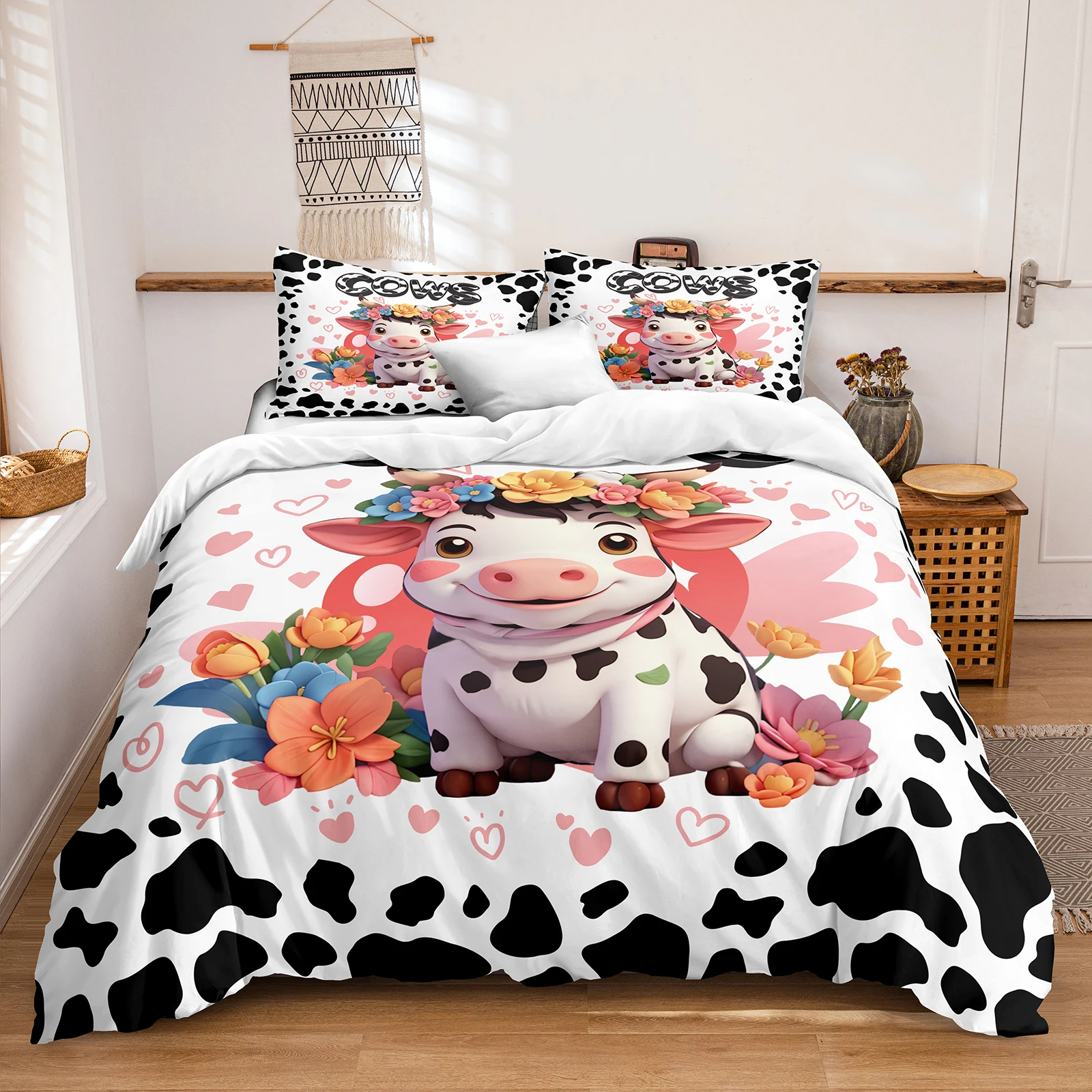 White Black Cow Bedding Set 3 Pcs Black Marble Cover Sets Modern Duvet Cover Set Realistic Cat Soft Bedding Set for Girls Boy