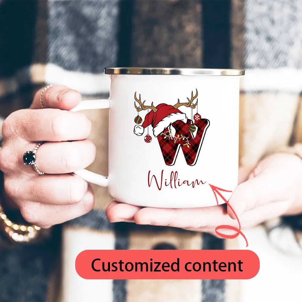 Customized Christmas Antler Santa Enamel Mug, Personalized Name Plaid Initial Cup, Christmas Party Winter Holiday Souvenir.