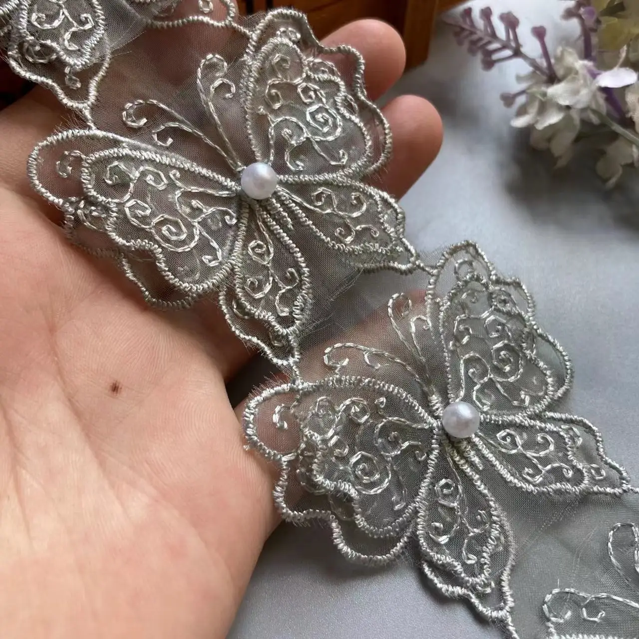 

10x Butterfly Gray Pearl Flower Embroidered Lace Edge Trim Ribbon Fabric Patchwork Wedding Dress DIY Sewing Supplies Craft 6cm