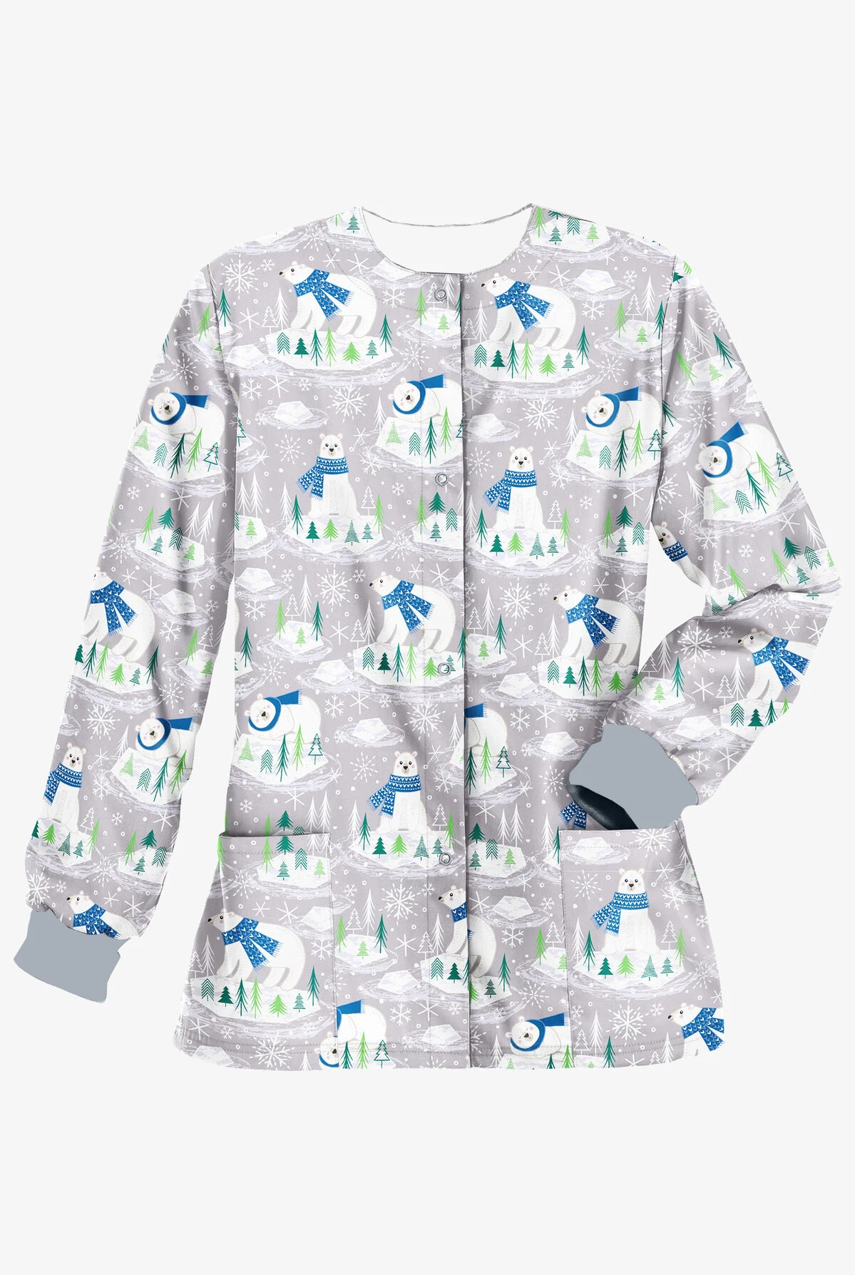 Women's Nurse Uniform Printed Christmas Snowflake Dental Pet Shop Work Clothes Round Neck Frosted Jacket Loose Coat