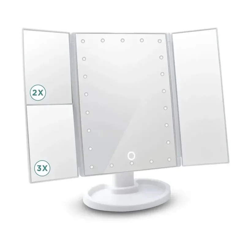 

Trifold Foldable LED Fill Light Mirror, Touch Dimming & Dual Magnification, Must-Have for Dressing Table
