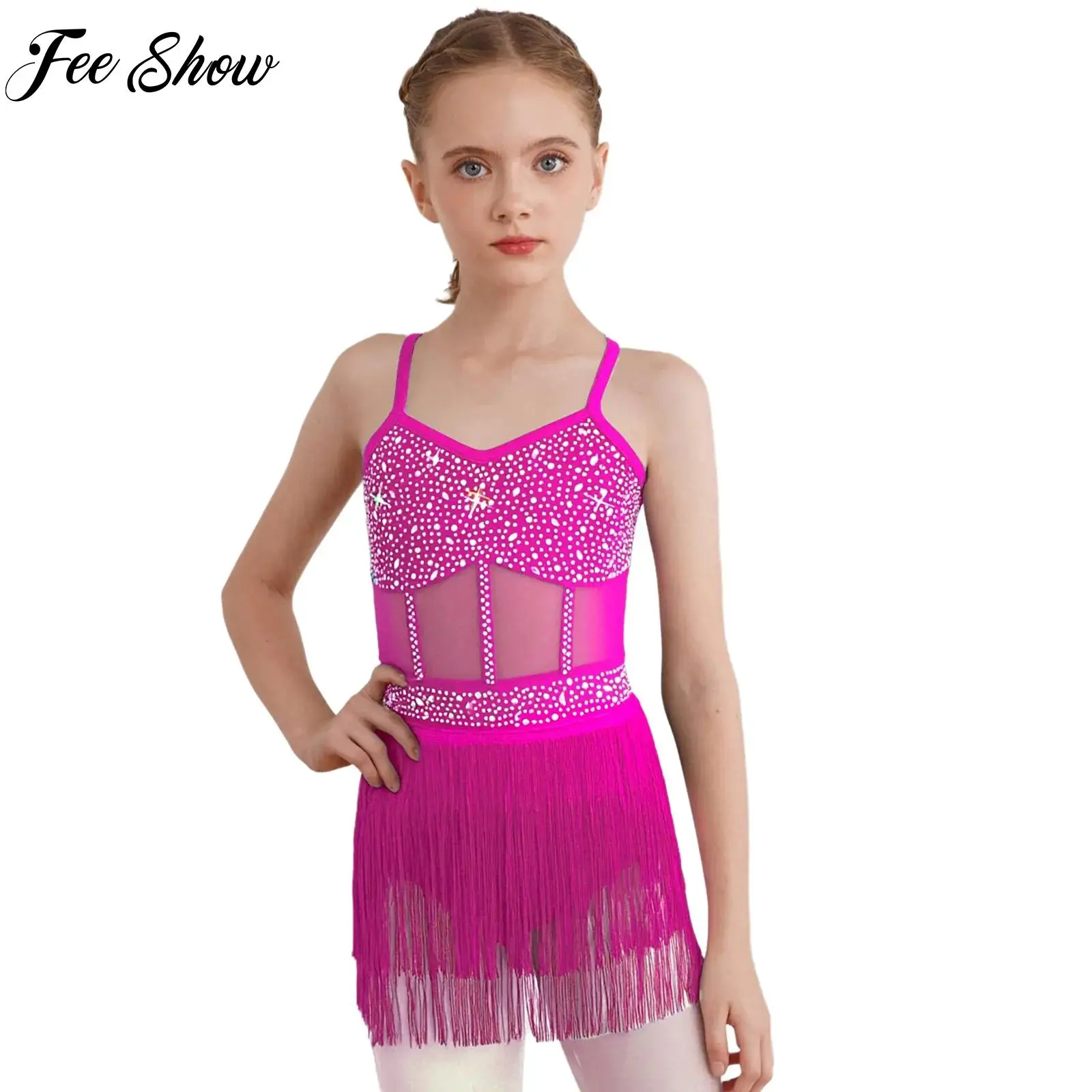 

Children Girls Sleeveless Latin Tango Dance Costume Rhinestone Mesh Tassel Leotard Dress for Rhythmic Gymnastics Figure Skating