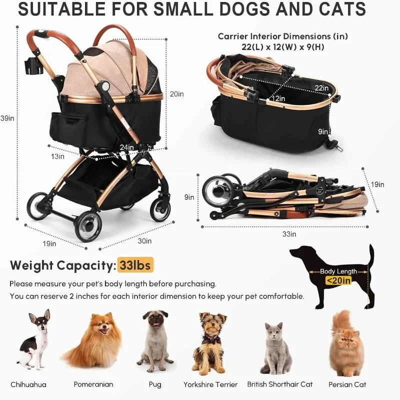 Small Medium Dogs Cats, No-Zip With Detachable Carrier, Push Button, Luxury Pet Gear Stroller For Puppy Travel (Khaki)