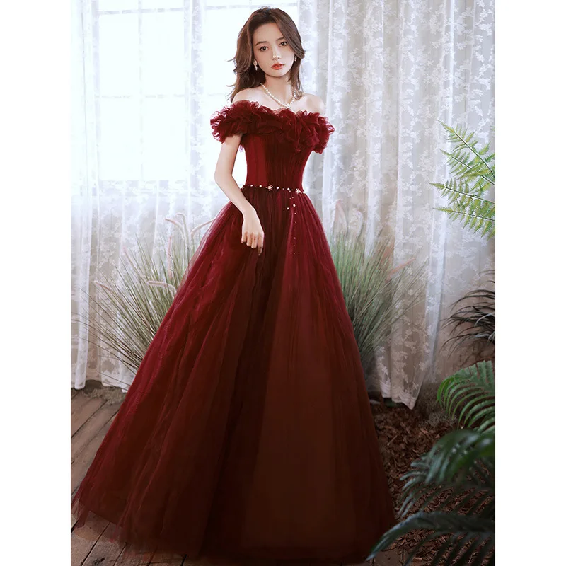 Off The Shoulder Prom Dress Classic Tulle Slim Lace Up Long Banquet Dresses Wine Red Cocktail Party Gowns Vestidos