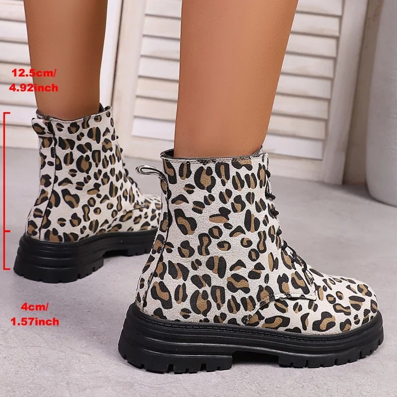 الخريف الشتاء موضة كبيرة الحجم صندل بكعب مكتنز جولة تو ليوبارد طباعة أحذية بوت قصيرة المرأة الجلد المدبوغ الدانتيل متابعة أحذية الموضة