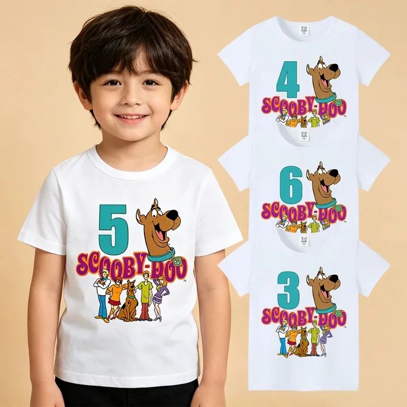 Camiseta con número de cumpleaños de Scooby-Doo, camiseta de algodón de verano para bebé, ropa estampada de Scoobys para niño y niña, camisetas con letras de dibujos animados, regalo