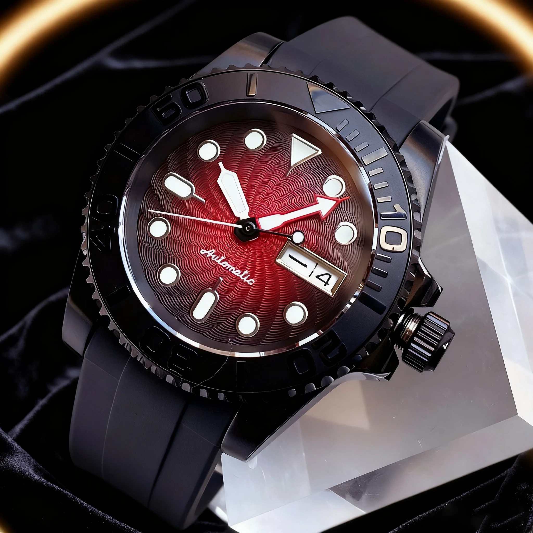 

Tandorio 40mm Black PVD NH36 Automatic Diver Men Watches Red Ripple Gradie Dial Sapphire Glass Day Date steel/glass Back Lume