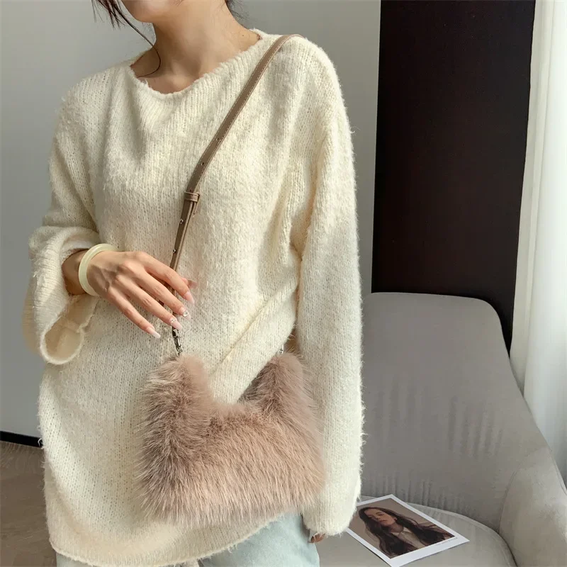 Women Plush Handbags Lady Shoulder Small Faux Fur Crossbody Bag  Long Wool Half-Moon Hobos Winter