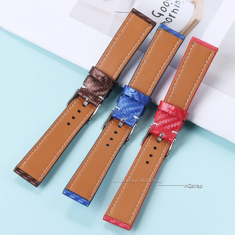 Leather Bracelet Carbonfiber Grain Watchband 18mm 20mm Red Orange Black Blue Brown Wristband 22mm 24mm Watch Strap for Seiko