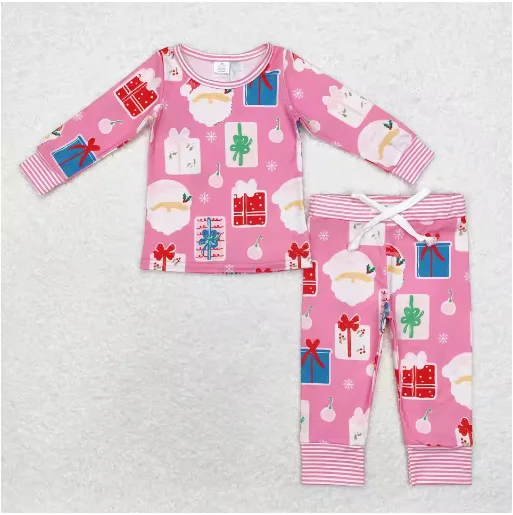 

Wholesale kids clothes girl bamboo Christmas pink long sleeve pants pajamas sets Summer Boutique baby girl clothes