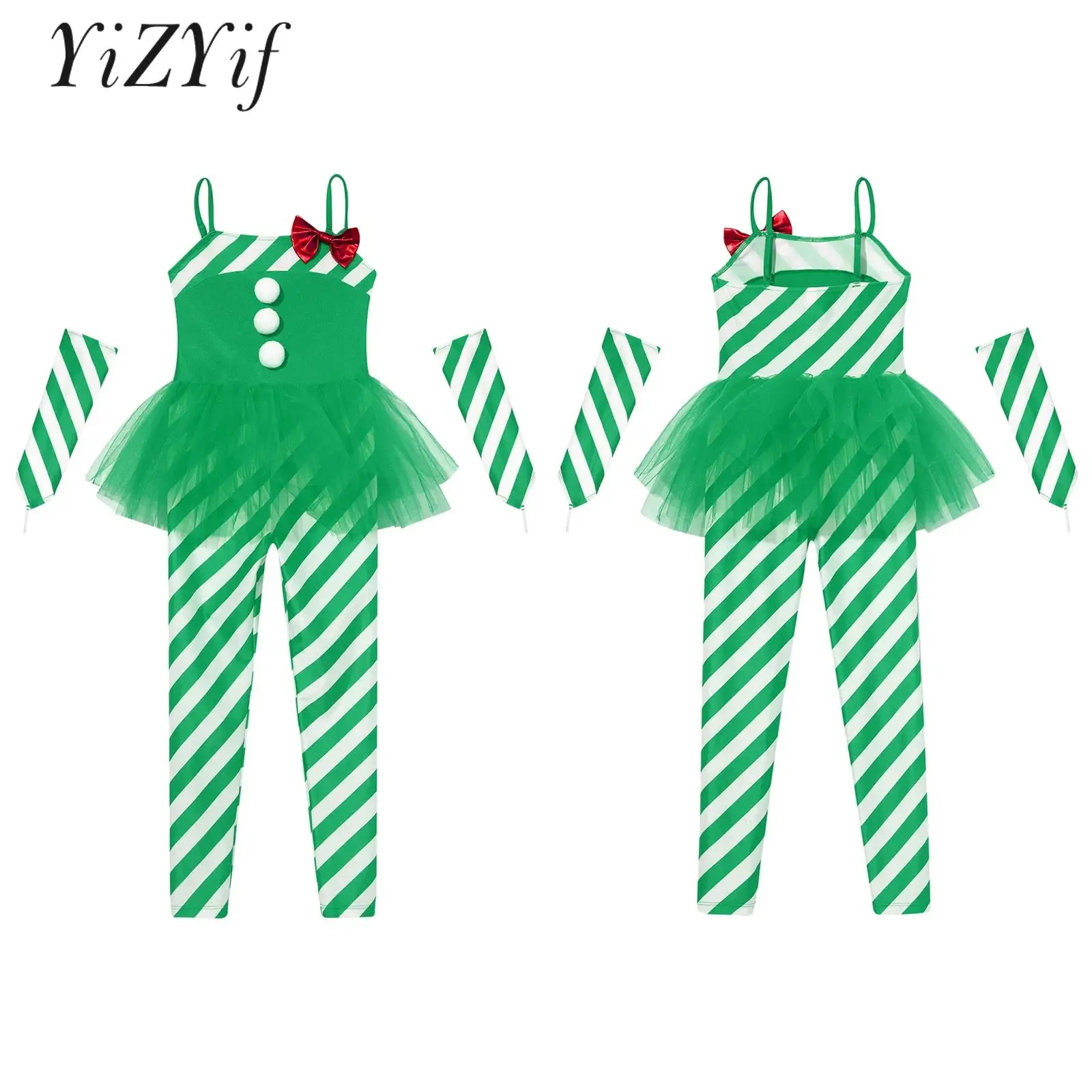 

Children Christmas Dancewear Jumpsuit Stripes Print Tulle Peplum Unitard with Arm Sleeves Xmas Fancy Dress Up Theme Party Suit