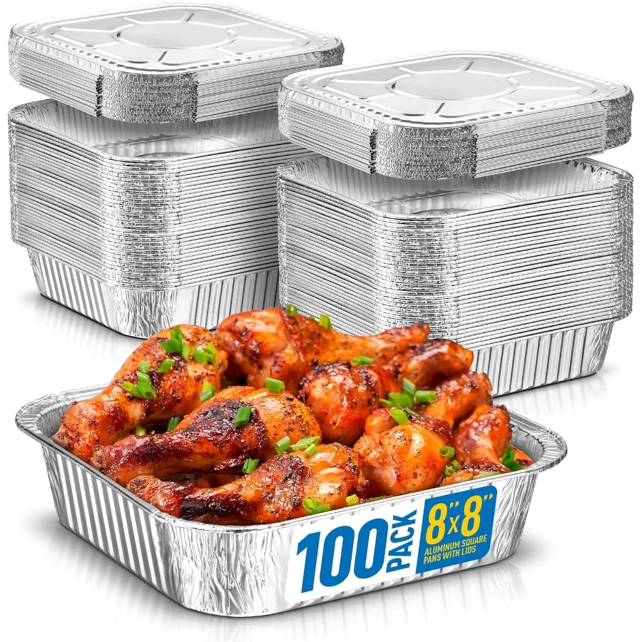 

8x8 Disposable Aluminum Pans With Lids 100 Pack Foil Pans For Cooking Baking Cakes Roasting and Homemade Breads Disposable Food
