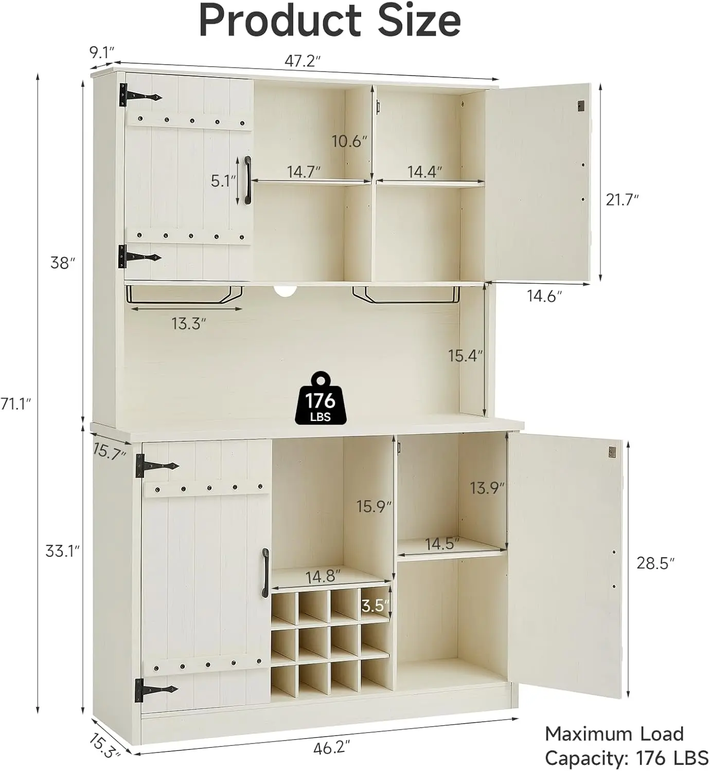 Farmhouse Cozinha Despensa Bar Armário, Arrumação e Prateleiras Ajustáveis, Armário Vinho com 12 Wine Racks, 71"