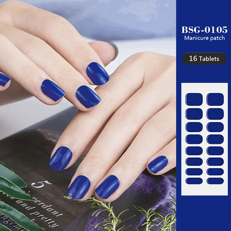 16 Tips Solid Color Semi-cured Gel Nail Stickers blue Long Lasting Full Cover Nail Tips Nail Decals UV Lamp Need  Nail Charms