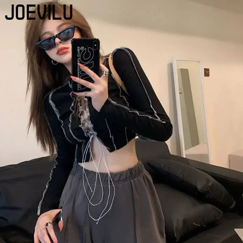 Drawstring Crop Top Gothic Aesthetic Harajuku Y2k Tops Tight Long Sleeve T-shirt Chic Spring Autumn Bottom Shirt Women Clothes