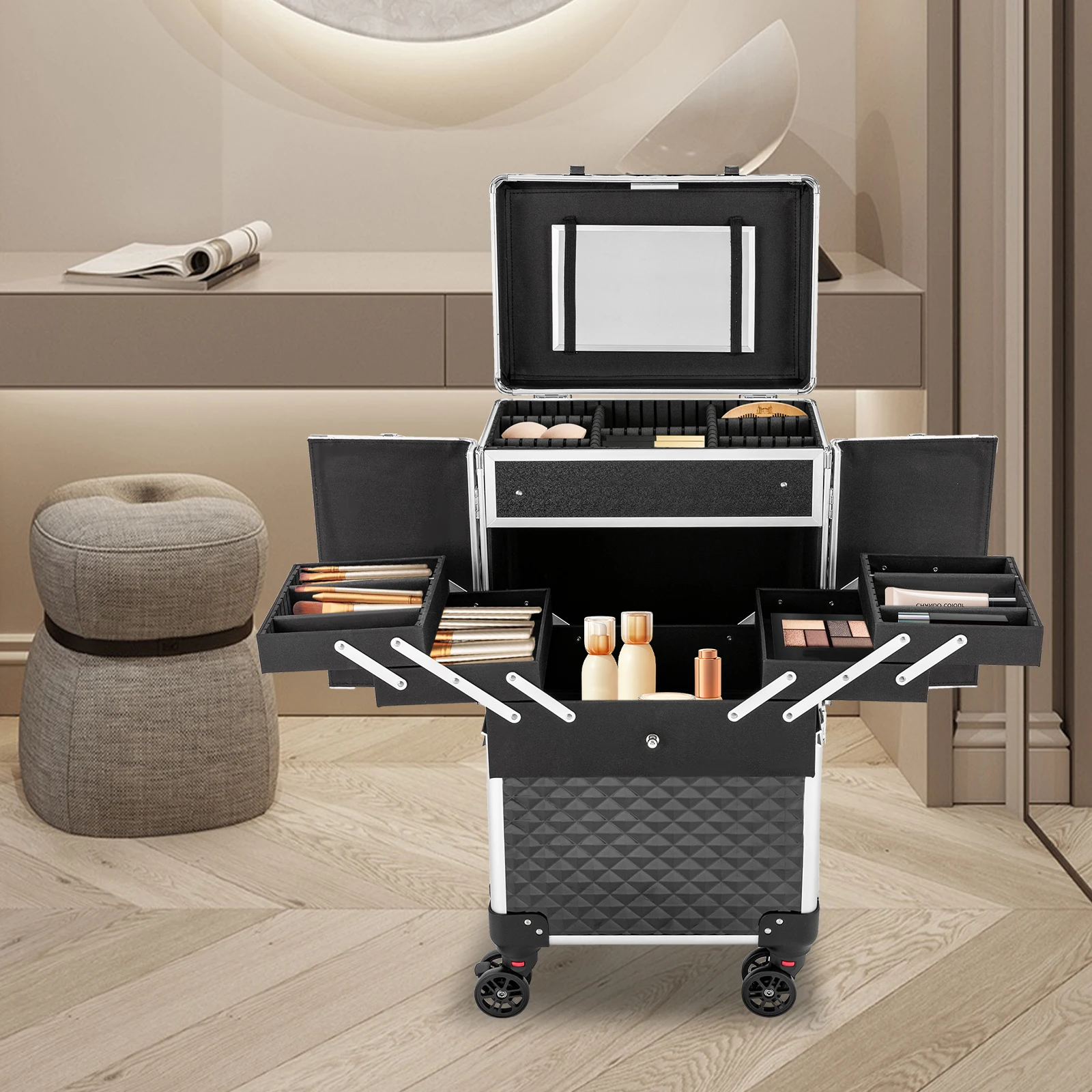 Rolling Makeup Train Case with Foldable Storage, Ergonomic Handle, Multiple Tiers, ABS Material, Ideal for Beauty Use