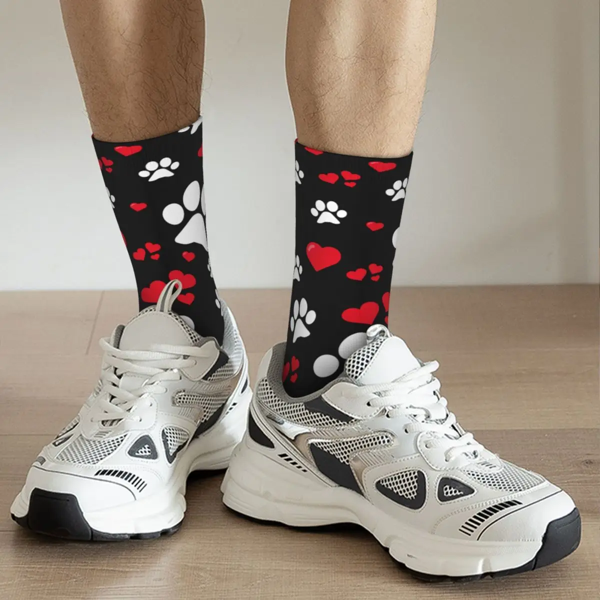 Harajuku DOG PAW WITH HEARTS OF LOVE Football Socks Polyester Crew Socks for Women Men Non-slip