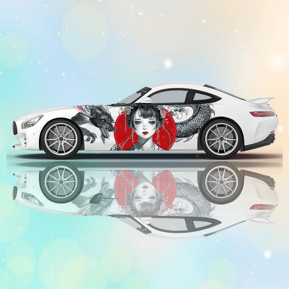 

Red Circle Geisha and Dragon Car Sticker, Full Body Floral Decoration Covering Scratches, Waterproof Car Sticker Car Vinyl Wraps