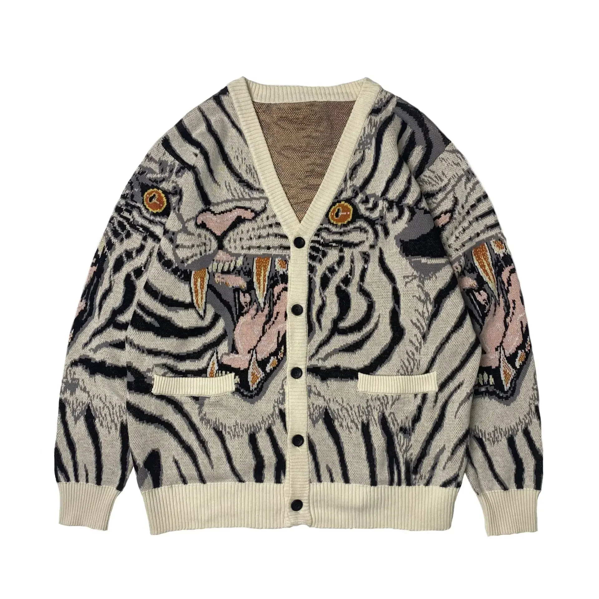 

Kapital Vintage Non Hirata Hiroshi Jacquard Tiger Totem V-neck Japanese Sweater Knitted Cardigan Men's Loose Print Coat