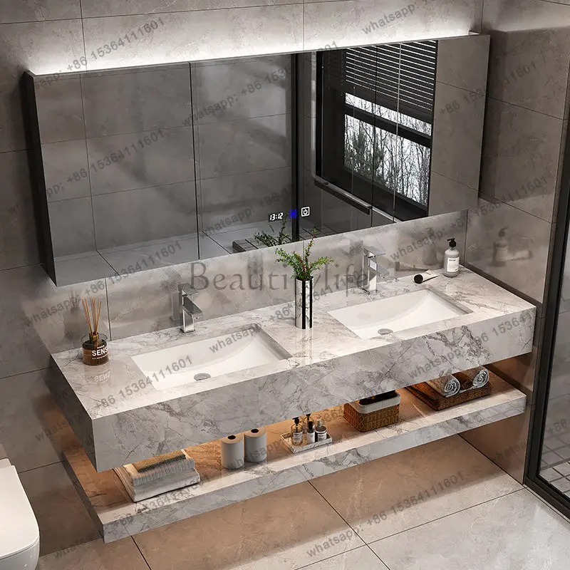 Hotel Style Double Sink Bathroom Vanity with Grey Sintered Stone Top and Smart LED Mirror Cabinet for Public Restroom furniture