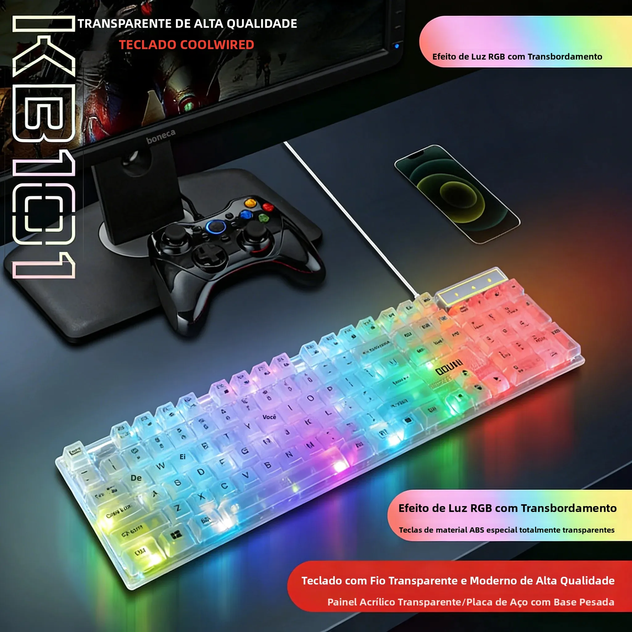 Teclado Gamer Transparente USB Com Fio Retroiluminação RGB Colorida Sensação Mecânica Para Laptop PC