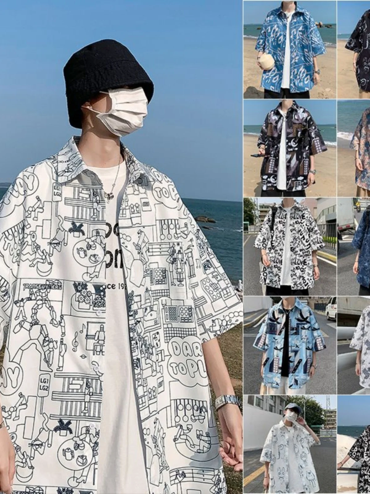 

Loose Fit Men's irt Casual ort Sve Print Cotton Faion Urban Sle Five-Quarter Sve Top for Youth Daily Wear Summer