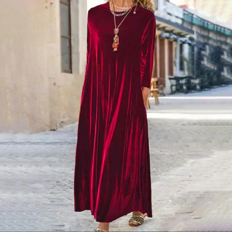 Spring New Golden Velvet European and American Slim Style Round Neck Long Dress