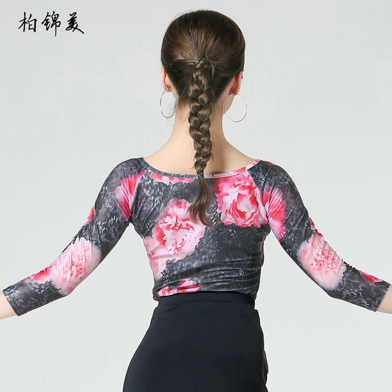 Latin Dance Top Women's Adult New Medium Sleeve Garment Exercise Table Performance Women's Printing Modern Competition Training