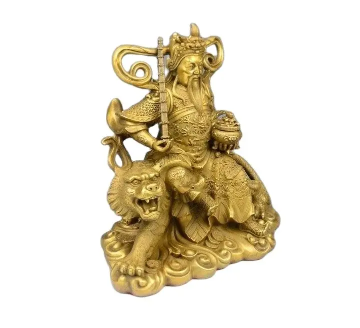 30cm Chinese Brass Dragon Zhao Gongming Mammon God Tiger Yuanbao Treasure bowl Statue