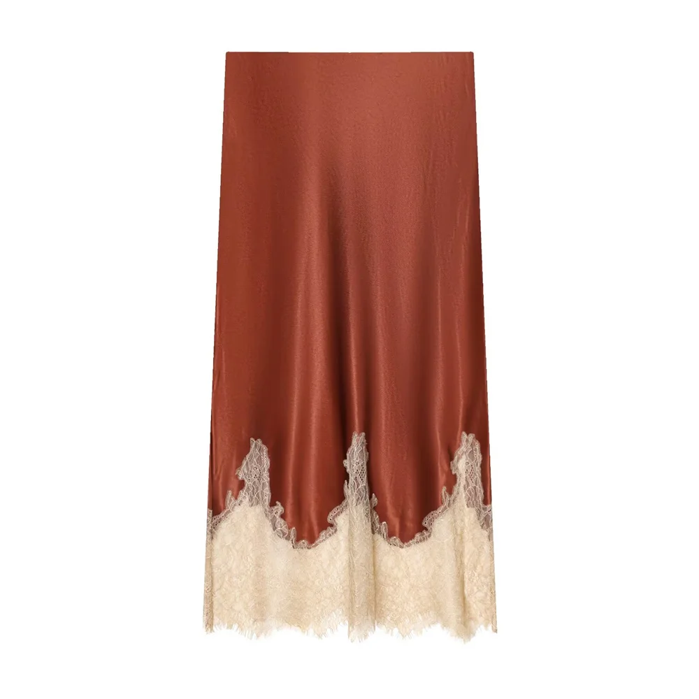 Winter New Product Women's Fashion Versatile Contrasting Lace Decoration Mid Waist Silk Texture Long Skirt Midi Half Skirt